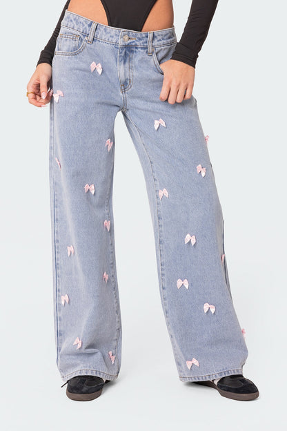 Low Rise Satin Bow Jeans